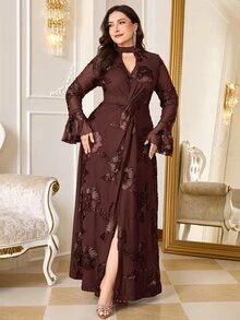 Reflora فستان أنيق للنساء بمقاسات كبيرة، بنقشة جاكار وياقة فتحة مفتاح وأكمام واسعة، لحفلات رأس السنة والسهرات والعشاء الرسمي، باللون الأسود، للخريف - بني - مشاهدة 6