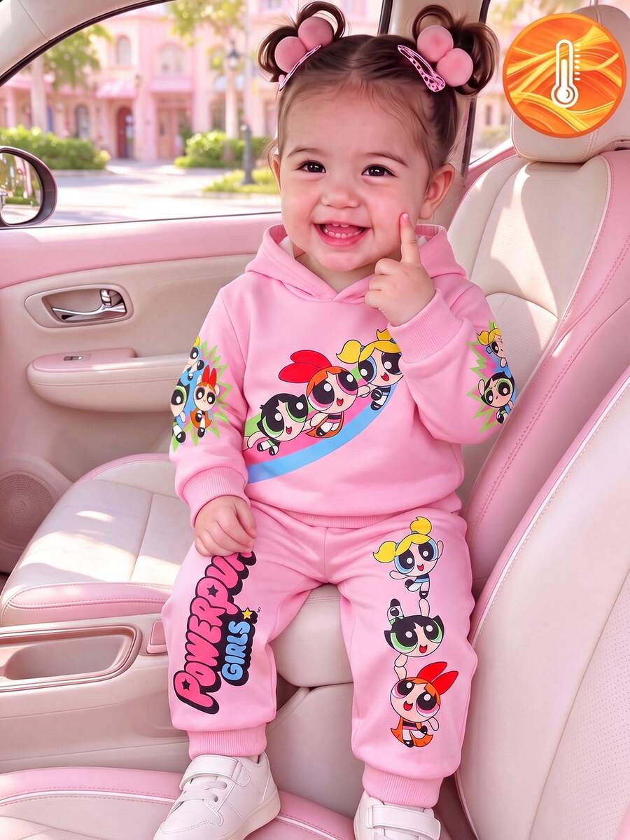 THE POWERPUFF GIRLS X SHEIN 2pcs Baby Girls Cartoon Graphic Print Hooded Long Sleeve Sweatshirt & Pants Set Pink Casual Daily Wear Spring Autumn - Multicolor - View 1
