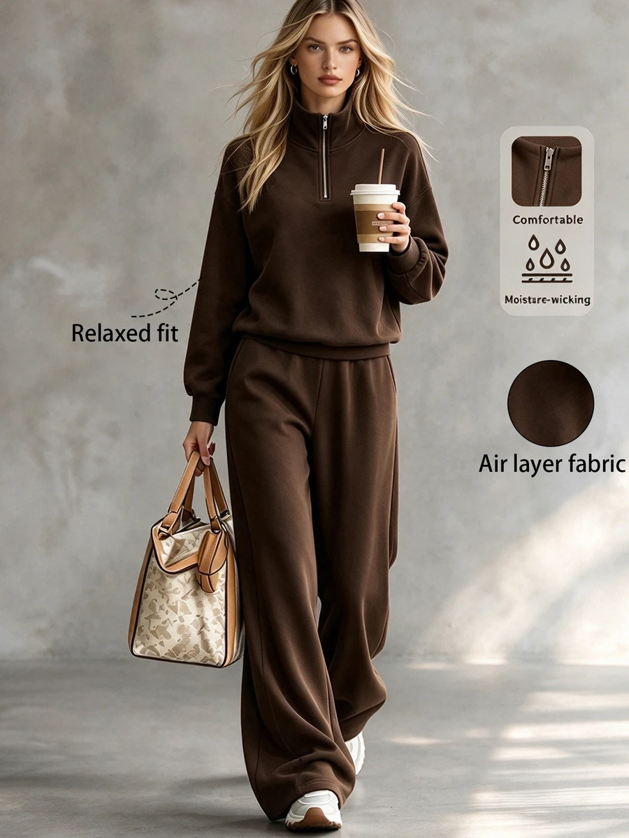 SHEIN 2026 Fall/ New 2 Pieces Dark Brown Casual Sports Sweatshirt Wide Leg Pants Set With High Neck And Zipper Detail Airport Lounge Everyday
