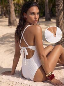 Swim Chiccia Women's Solid Color One-Piece Camisole Swimsuit, Suitable For Beach Vacation, Pool Party, Beach Party White Summer Tropical Sexy - White - View 3