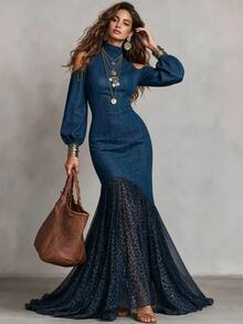 SHEIN Fall Royal Blue Ribbed Knit Semi-High Neck Cold Shoulder Lantern Sleeve Leopard Print Mesh Patchwork Mermaid Dress, Casual Boho Elegant Vacation Party - Blue - View 2