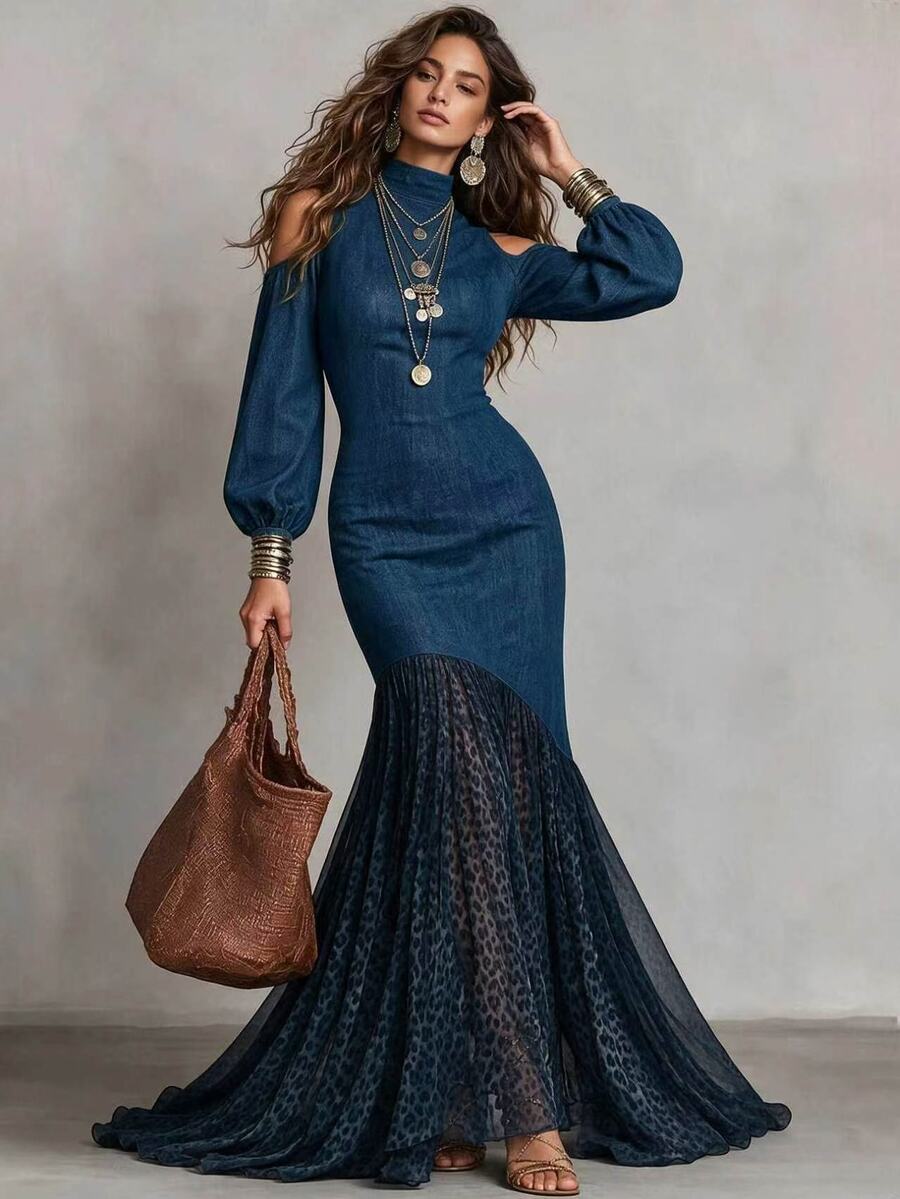 SHEIN Fall Royal Blue Ribbed Knit Semi-High Neck Cold Shoulder Lantern Sleeve Leopard Print Mesh Patchwork Mermaid Dress, Casual Boho Elegant Vacation Party - Blue - View 1