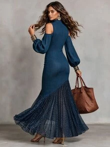 SHEIN Fall Royal Blue Ribbed Knit Semi-High Neck Cold Shoulder Lantern Sleeve Leopard Print Mesh Patchwork Mermaid Dress, Casual Boho Elegant Vacation Party - Blue - View 4