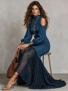 SHEIN Fall Royal Blue Ribbed Knit Semi-High Neck Cold Shoulder Lantern Sleeve Leopard Print Mesh Patchwork Mermaid Dress, Casual Boho Elegant Vacation Party - Blue - View 5