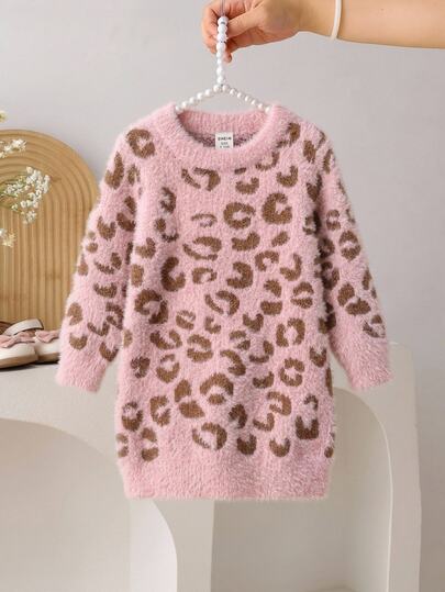 SHEIN Baby Girl Sweater Dress Round Neck Long Sleeve Dress With Small Floral Jacquard, Versatile For Outings Sweet Style Autumn Winter Clothes Comfortable