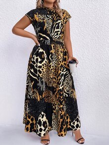 Linhara Women's Plus Size Round Neck Stand Collar Sleeveless Asymmetrical Leopard Print Cinched Waist Dress Suitable For Women's Fall/Winter Animal PrintDress - Multicolor - View 3