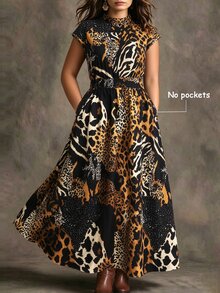 Linhara Women's Plus Size Round Neck Stand Collar Sleeveless Asymmetrical Leopard Print Cinched Waist Dress Suitable For Women's Fall/Winter Animal PrintDress - Multicolor - View 1