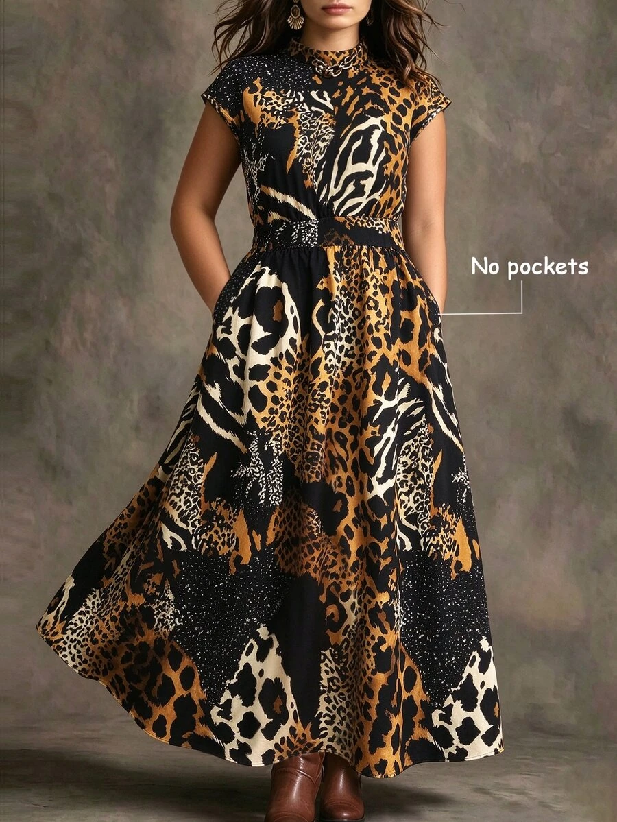 Linhara Women's Plus Size Round Neck Stand Collar Sleeveless Asymmetrical Leopard Print Cinched Waist Dress Suitable For Women's Fall/Winter Animal PrintDress - Multicolor - View 1