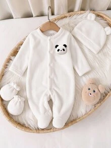 新生兒白色極簡時尚嬰兒長袖連身褲套裝，含帽子與手套，居家穿著冬季款 - 彩色 - 查看 2