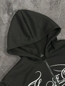 Manfinity Hypemode Men's Hooded Sweatshirt, Featuring A Hooded Design, Handwritten Sanskrit Letter Print, Loose Fit, Casual And Comfortable, Suitable For Outings, Commuting, Street Style, Travel, Vacations, And Everyday Wear. - Black - View 4