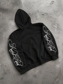 Manfinity Hypemode Men's Hooded Sweatshirt, Featuring A Hooded Design, Handwritten Sanskrit Letter Print, Loose Fit, Casual And Comfortable, Suitable For Outings, Commuting, Street Style, Travel, Vacations, And Everyday Wear. - Black - View 2