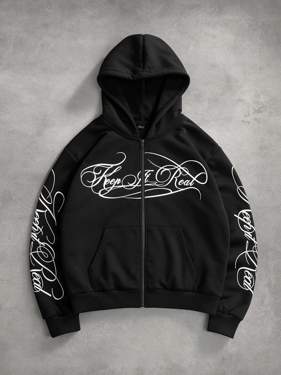 Manfinity Hypemode Men's Hooded Sweatshirt, Featuring A Hooded Design, Handwritten Sanskrit Letter Print, Loose Fit, Casual And Comfortable, Suitable For Outings, Commuting, Street Style, Travel, Vacations, And Everyday Wear. - Black - View 1