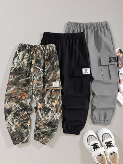 SHEIN 3pcs/Set Kids Boys' Loose Woven Long Autumn Winter Pants,Summer Back-To-School Casual Pocket Printed & Solid Pattern Comfortable Sports School