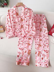 青少年女孩蝴蝶結印花長袖單排扣上衣與長褲家居服套裝 秋冬款 - 淺粉色 - 查看 5