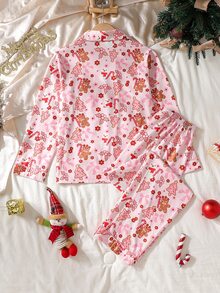 青少年女孩蝴蝶結印花長袖單排扣上衣與長褲家居服套裝 秋冬款 - 淺粉色 - 查看 4