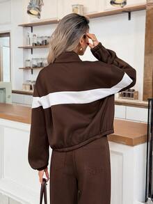 Easowa Women's Striped Colorblock Zip-Up Long Sleeve Sweatshirt - Brown - View 4