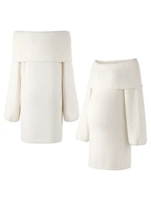 SHEIN Maternity Fashion Elegant Solid Color Long Sleeve Sweater Dress Winter - White - View 9
