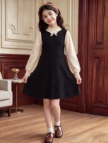 SHEIN 青少年女孩優雅修身針織洋裝，休閒極簡舒適百搭秋冬款 - 黑色 - 查看 4