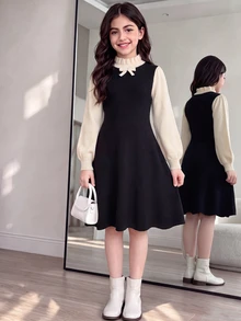 SHEIN 青少年女孩優雅修身針織洋裝，休閒極簡舒適百搭秋冬款 - 黑色 - 查看 3