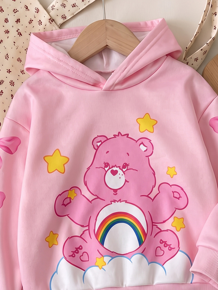 SHEIN X Care Bears X 1pc Young Girl Casual Cute Cartoon Bear & Bow Print Pink Fleece Sweatshirt, Suitable For Autumn/Winter - Multicolor - View 4