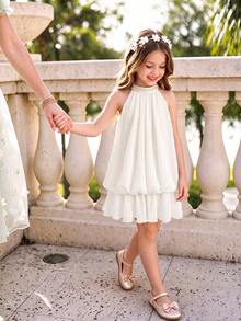SHEIN Tween Girl Simple Casual Tween Girl Kids Fashion Outing Vacation Daily Versatile Sleeveless Tank Dress Tween Girl - White - View 12
