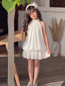SHEIN Tween Girl Simple Casual Tween Girl Kids Fashion Outing Vacation Daily Versatile Sleeveless Tank Dress Tween Girl - White - View 10