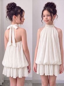 SHEIN Tween Girl Simple Casual Tween Girl Kids Fashion Outing Vacation Daily Versatile Sleeveless Tank Dress Tween Girl - White - View 8