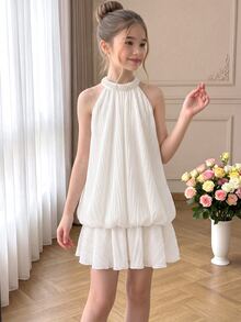 SHEIN Tween Girl Simple Casual Tween Girl Kids Fashion Outing Vacation Daily Versatile Sleeveless Tank Dress Tween Girl - White - View 13