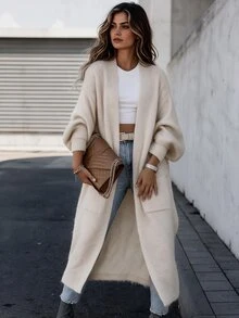Breezaya Early Fall Old Money Long Duster Knit Cardigan, Minimalist Casual Open Front Cream Sweater With Pockets, Relaxed Lazy Fit For Commute Everyday Travel - Apricot - View 1