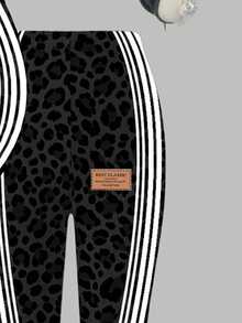 Young Girls Fashion High-End Chest Label Charcoal Black Leopard Print Color Block Crew Neck Sweatshirt And Leggings Set, Autumn Winter 2026 - Multicolor - View 7