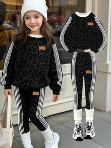 Young Girls Fashion High-End Chest Label Charcoal Black Leopard Print Color Block Crew Neck Sweatshirt And Leggings Set, Autumn Winter 2026 - Multicolor - View 1