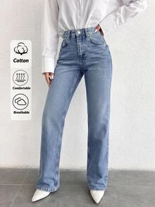SHEIN بنطال جينز نسائي بخصر عالي وساق مستقيمة وغسيل متوسط كاجوال منحني - أزرق متوسط - مشاهدة 1
