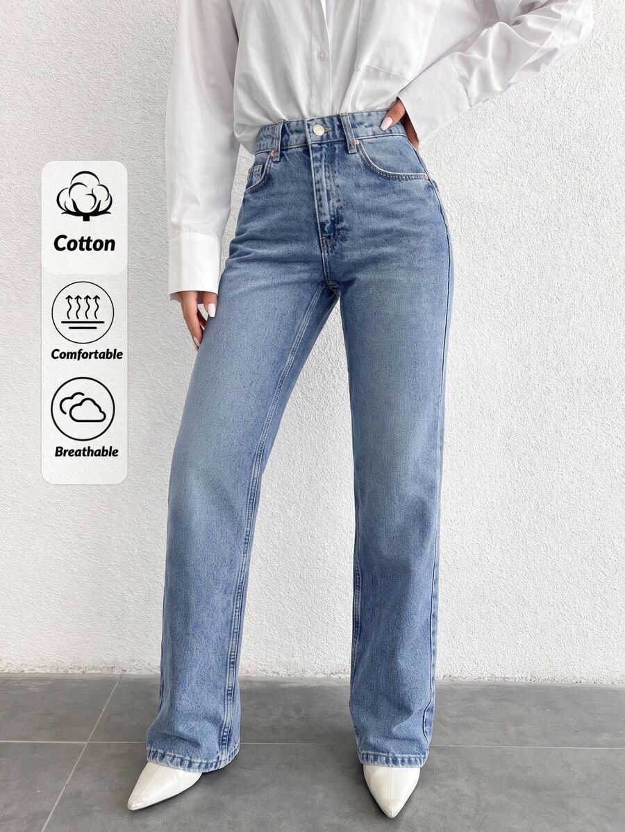 SHEIN بنطال جينز نسائي بخصر عالي وساق مستقيمة وغسيل متوسط كاجوال منحني - أزرق متوسط - مشاهدة 1