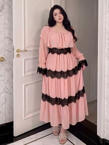 Sweetra فستان نسائي مقاس كبير مزين بكشكشة وياقة مربعة وأكتاف مكشوفة وأكمام طويلة بتصميم كتل لونية ورقع دانتيل، صيفي، ربيع/خريف، أسلوب عطلة جديد، أسلوب محكمة فرنسية، فستان أنيق مقاس كبير، فستان زفاف عطلة حلو - متعدد الألوان - مشاهدة 7