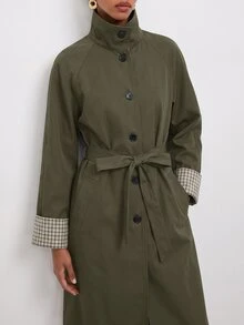 Maija Plaid Patchwork Women's Long Trench Coat Jacket, Autumn/Winter - Army Green - View 8