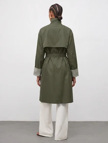 Maija Plaid Patchwork Women's Long Trench Coat Jacket, Autumn/Winter - Army Green - View 7