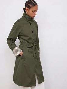 Maija Plaid Patchwork Women's Long Trench Coat Jacket, Autumn/Winter - Army Green - View 10