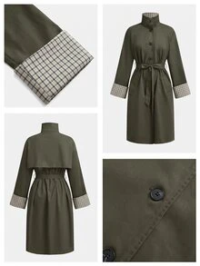 Maija Plaid Patchwork Women's Long Trench Coat Jacket, Autumn/Winter - Army Green - View 3