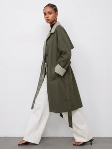 Maija Plaid Patchwork Women's Long Trench Coat Jacket, Autumn/Winter - Army Green - View 9
