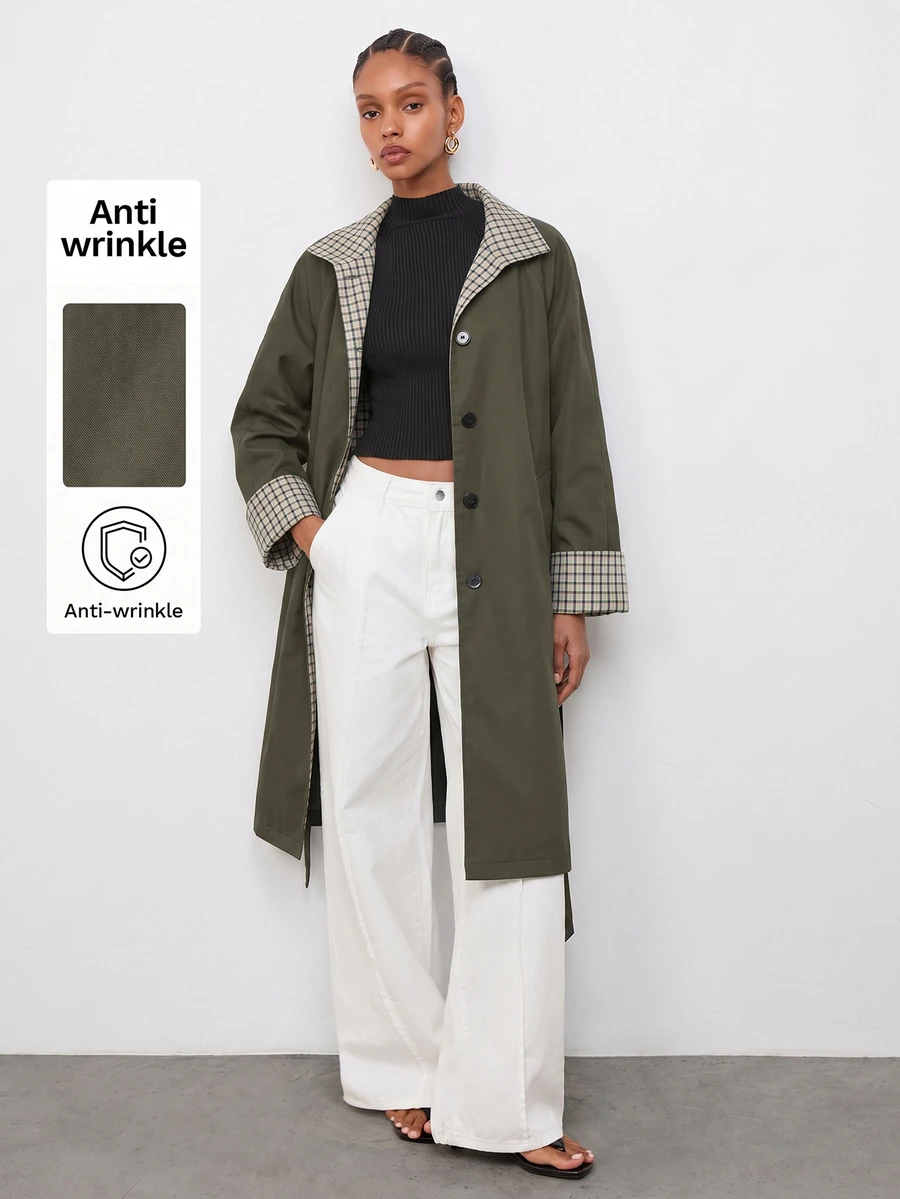 Maija Plaid Patchwork Women's Long Trench Coat Jacket, Autumn/Winter - Army Green - View 1