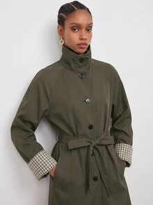 Maija Plaid Patchwork Women's Long Trench Coat Jacket, Autumn/Winter - Army Green - View 6