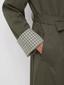 Maija Plaid Patchwork Women's Long Trench Coat Jacket, Autumn/Winter - Army Green - View 4