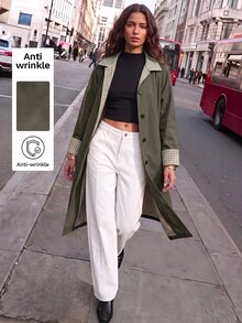 Maija Plaid Patchwork Women's Long Trench Coat Jacket, Autumn/Winter - Army Green - View 2