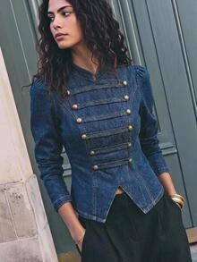 Maija Women's Stand Collar Long Sleeve Button Design Napoleon Denim Jacket Everyday Fall Retro Preppy Going Out Casual Blouses - Dark Wash - View 2