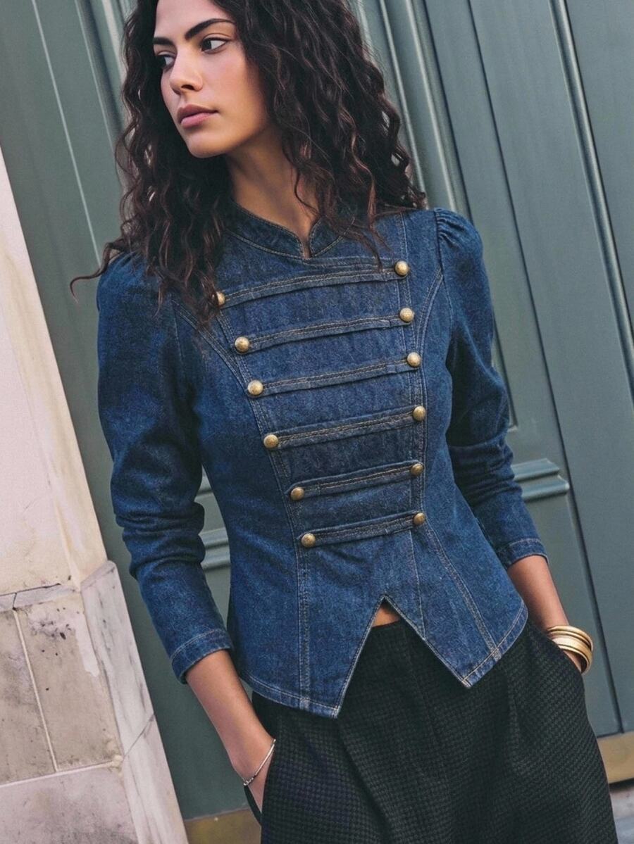 Maija Women's Stand Collar Long Sleeve Button Design Napoleon Denim Jacket Everyday Fall Retro Preppy Going Out Casual Blouses