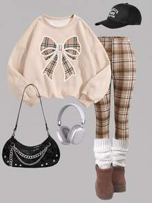 Tween Girls Faux Embroidery Bow Print Crew Neck Sweatshirt Set, Personalized Plaid Print Set, Personalized Sweatshirt, Suitable For Autumn/Winter, Daily Outings, Casual Styling, Energetic Styling, Casual Travel, Basic Style, Comfortable And Easy To Wear, Daily Casual - Multicolor - View 2