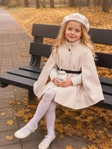 SHEIN Girls' Elegant Wool Cape Cloak, Stylish Autumn/Winter Outdoor Wrap - Beige - View 2
