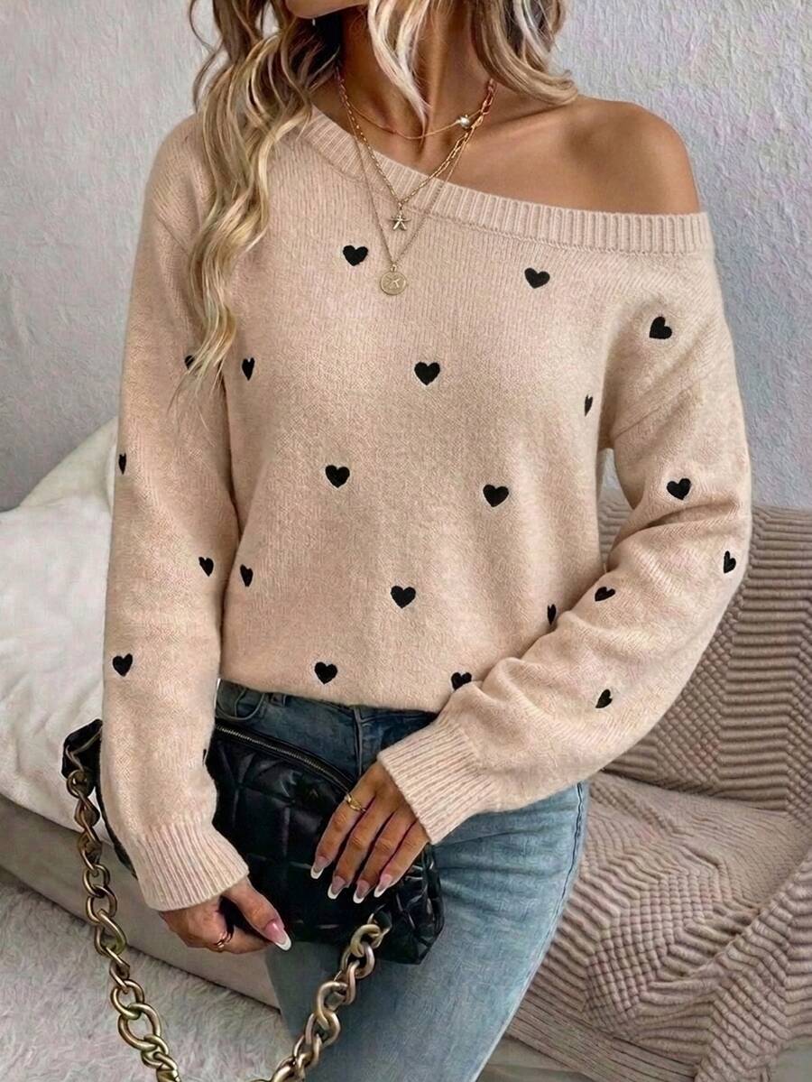 SHEIN LUNE كنزة نسائية كاجوال مكشوفة الكتف مع تطريز قلب، مناسبة للخريف/الشتاء