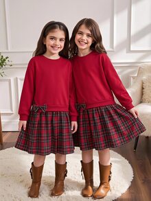 SHEIN Tween Girl Tween Girls Kids Autumn/Winter Cute Colorblock Long Sleeve Dress, Red Dress, Red Sweatshirt, Christmas Dress, For Daily, Party, School - Red - View 4