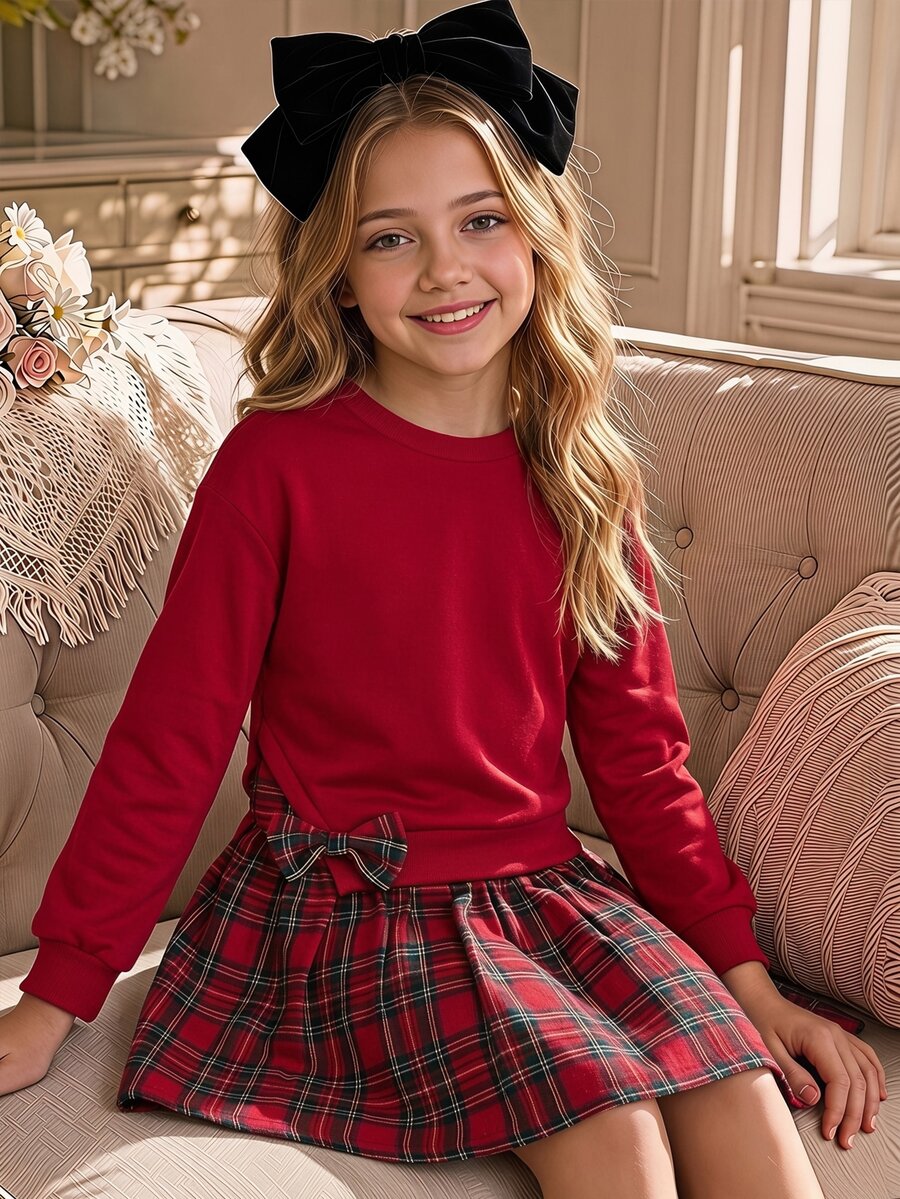 SHEIN Tween Girl Tween Girls Kids Autumn/Winter Cute Colorblock Long Sleeve Dress, Red Dress, Red Sweatshirt, Christmas Dress, For Daily, Party, School - Red - View 1